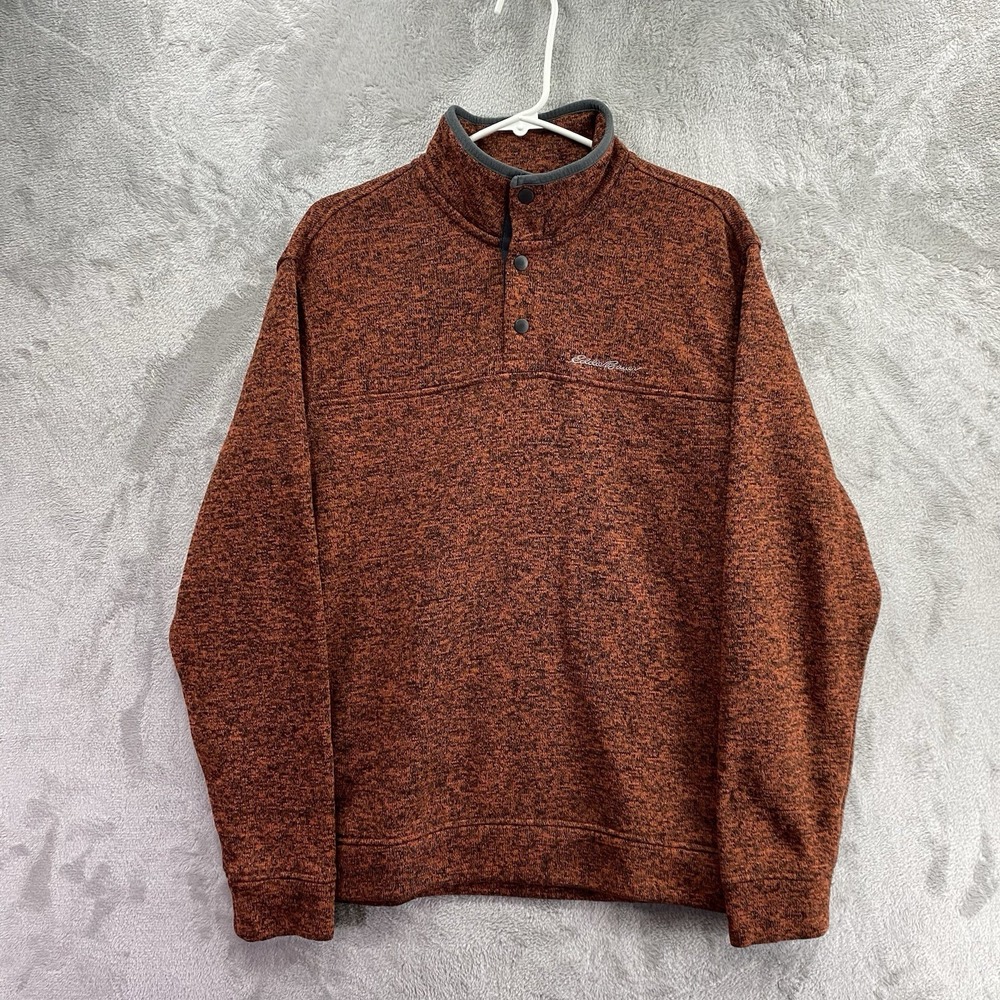 Eddie Bauer Snap Mock Neck Sweater Mens L Orange Heathered Sweater Fleece EUC!